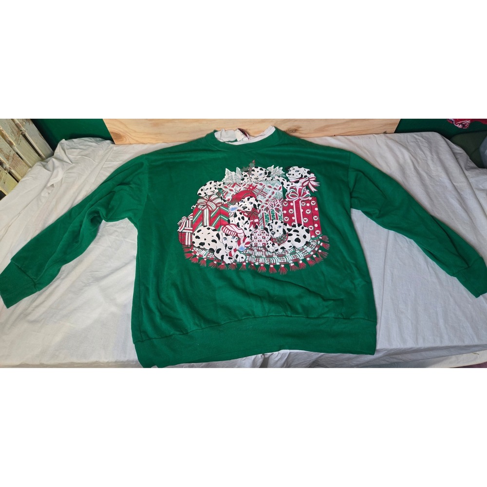 Vintage NutCracker Christmas Dalmatian Puppies Sweatshirt Green Large 90s READ